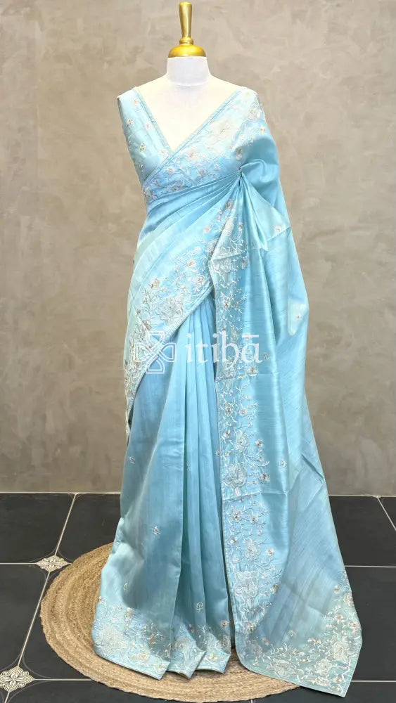SEMI TUSSAR EMBROIDERY SAREE - LIGHT BLUE