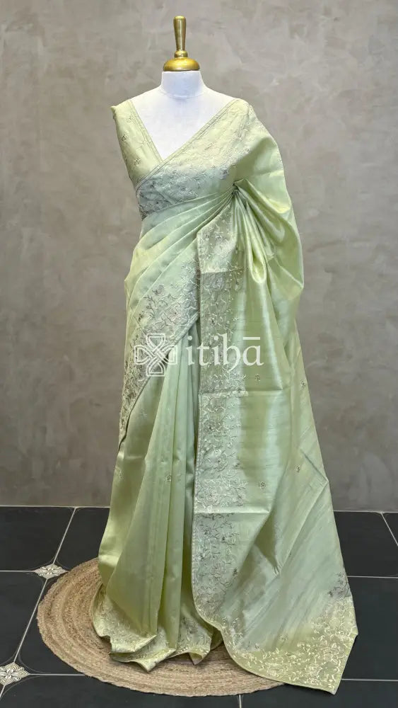 SEMI TUSSAR EMBROIDERY SAREE - LIGHT GREEN