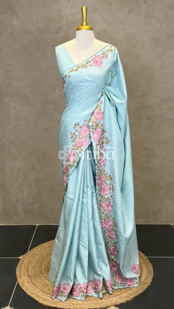 SEMI TUSSAR EMBROIDERY SAREE - PASTEL BLUE