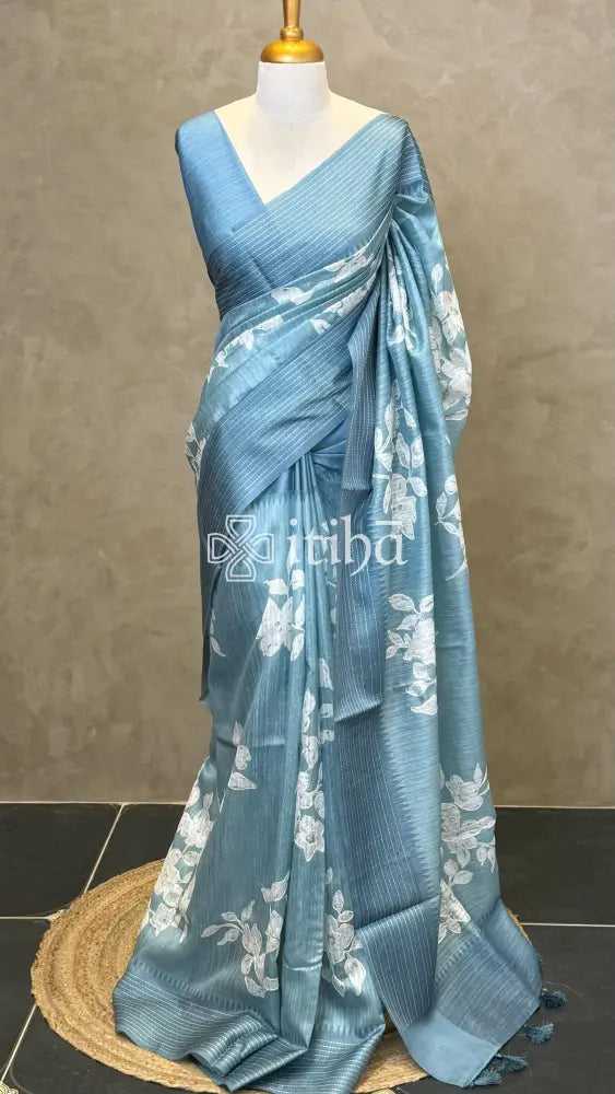 SEMI TUSSAR EMBROIDERY SAREE - PASTEL BLUE