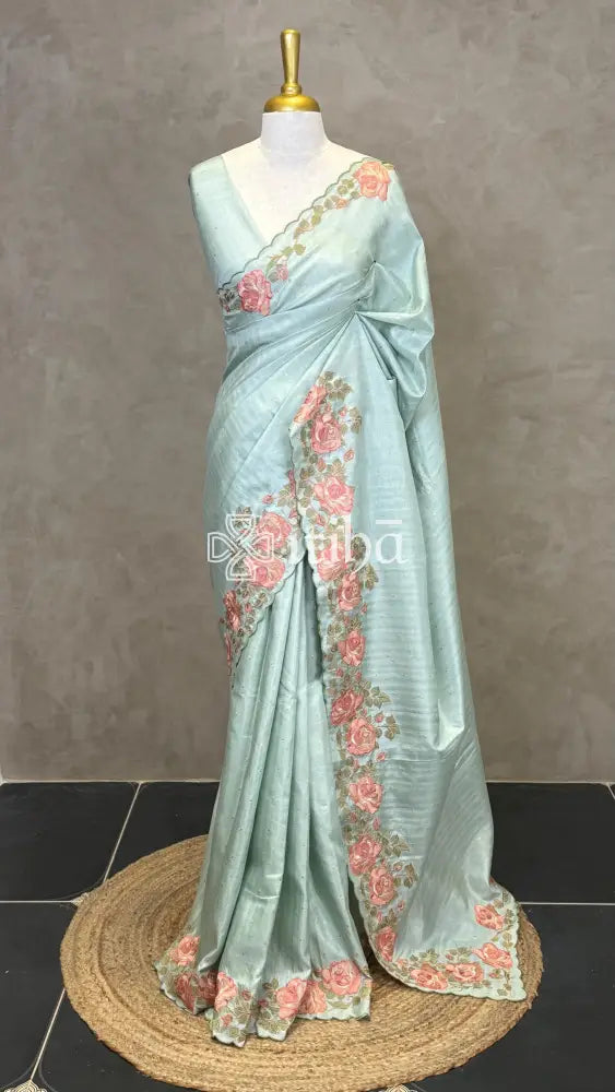 SEMI TUSSAR EMBROIDERY SAREE - PASTEL GREEN