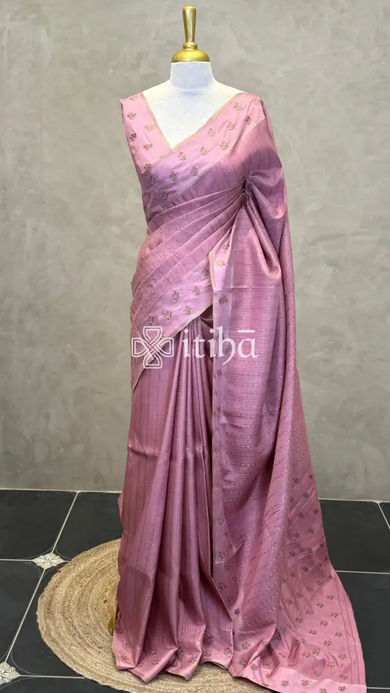 SEMI TUSSAR EMBROIDERY SAREE - PASTEL PINK
