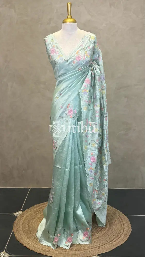 SEMI TUSSAR EMBROIDERY SAREE - PASTEL SAGE GREEN