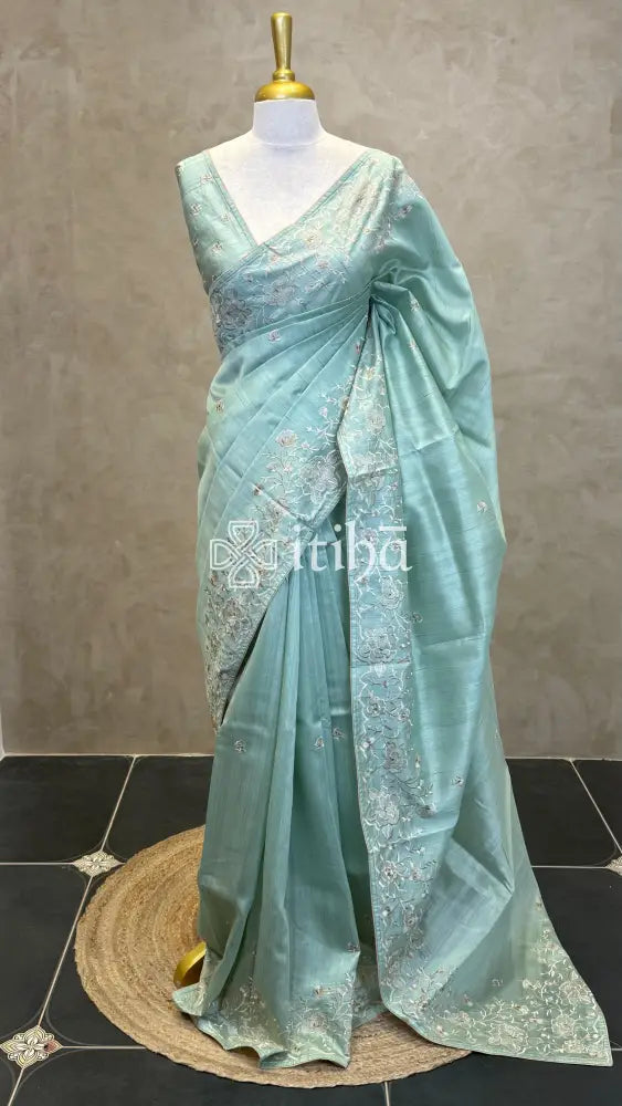 SEMI TUSSAR EMBROIDERY SAREE - PASTEL SAGE GREEN