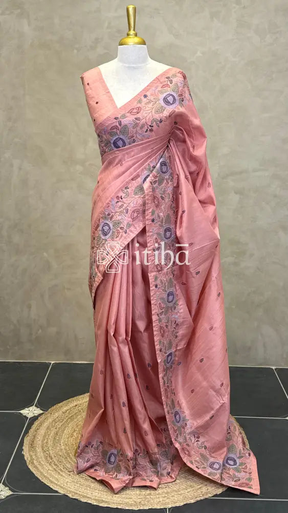 SEMI TUSSAR EMBROIDERY SAREE - PEACH
