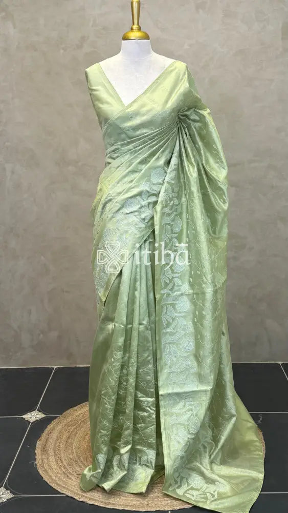 SEMI TUSSAR EMBROIDERY SAREE - PISTA GREEN