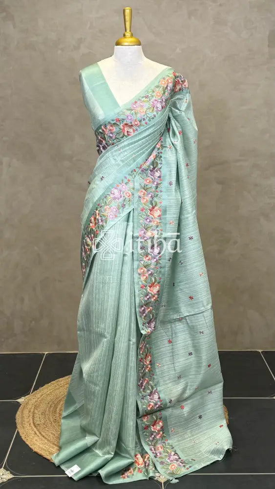 SEMI TUSSAR EMBROIDERY SAREE - SAGE GREEN