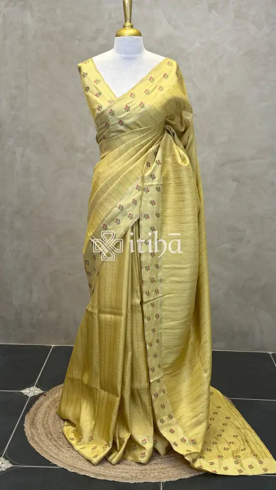SEMI TUSSAR EMBROIDERY SAREE - Yellow