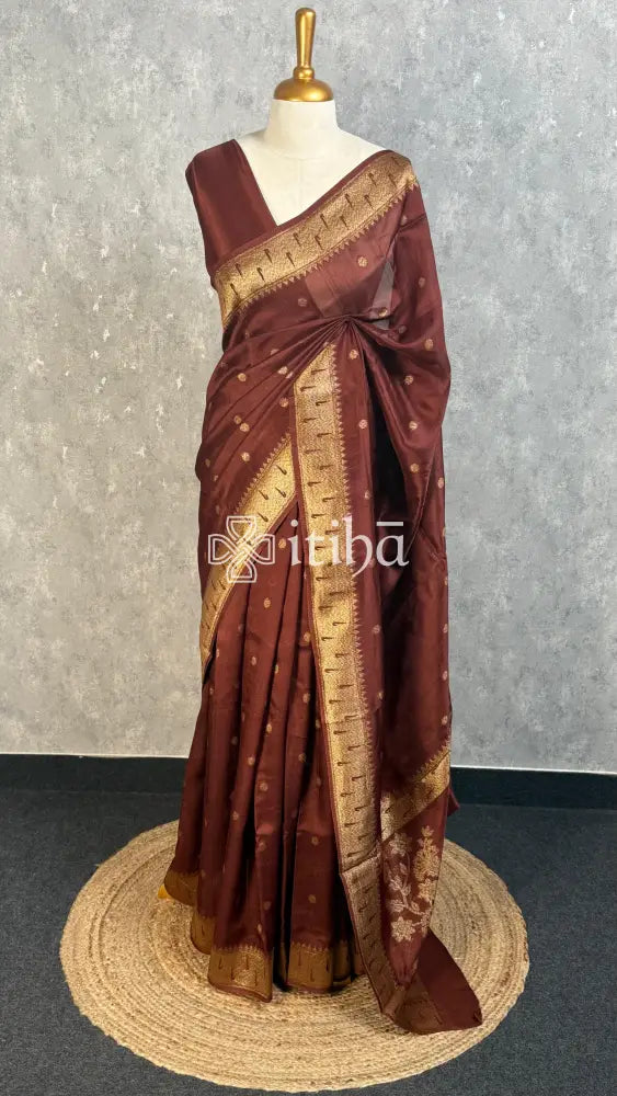 SEMI TUSSAR GEORGETTE BANARASI SAREE - CHOCOLATE BROWN