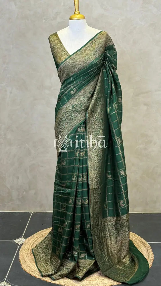 SEMI TUSSAR GEORGETTE BANARASI SAREE - DEEP GREEN