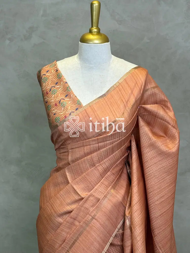 SEMI TUSSAR KANTHA STITCH EMBROIDERY SAREE - PASTEL PEACH