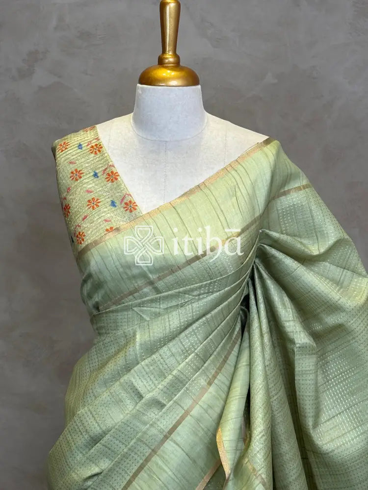 SEMI TUSSAR KANTHA STITCH EMBROIDERY SAREE