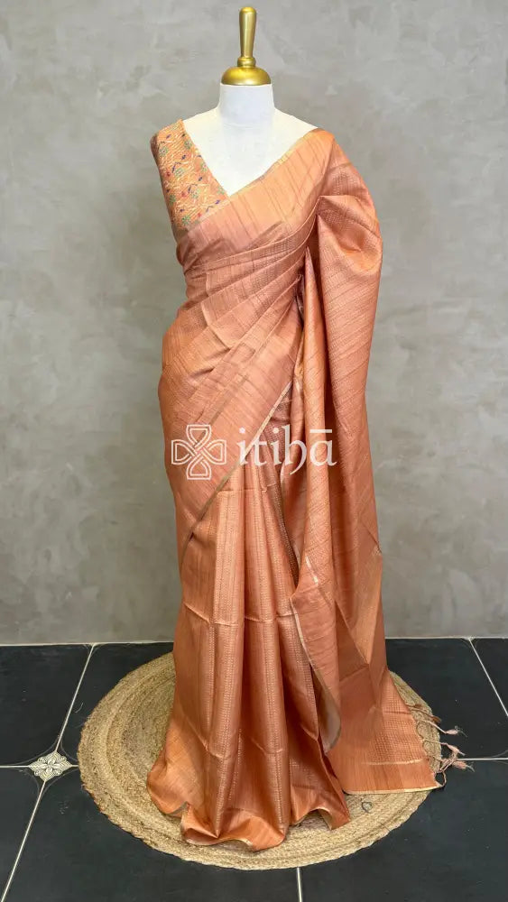 SEMI TUSSAR KANTHA STITCH EMBROIDERY SAREE - PASTEL PEACH