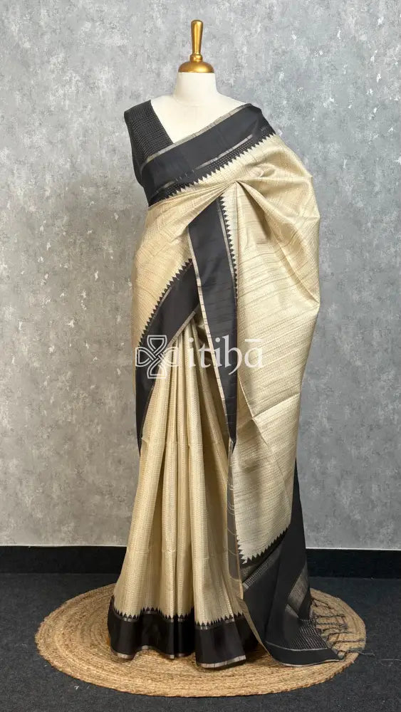 SEMI TUSSAR KANTHA WORK BANARASI SAREE - Black