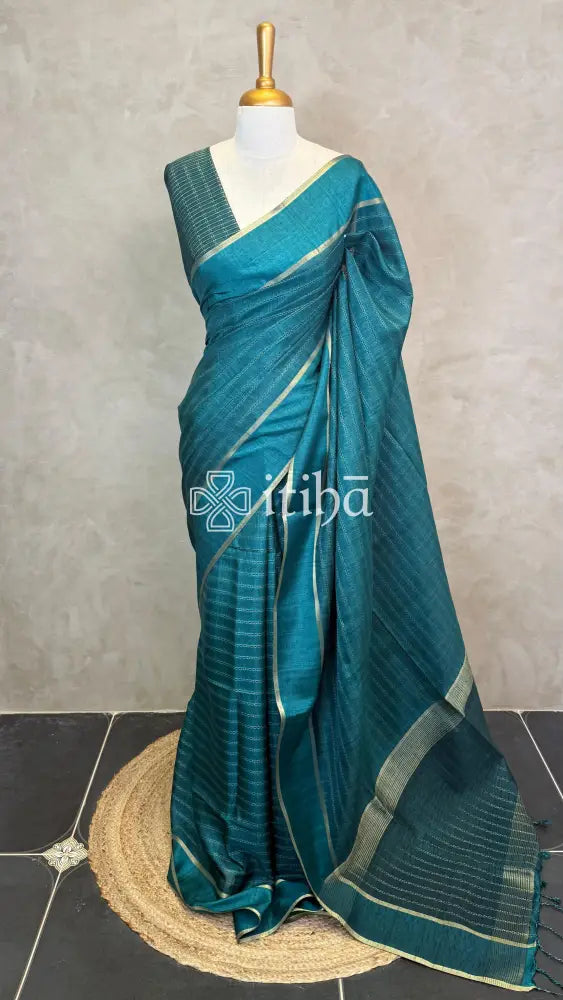 SEMI TUSSAR SAREE - teal blue