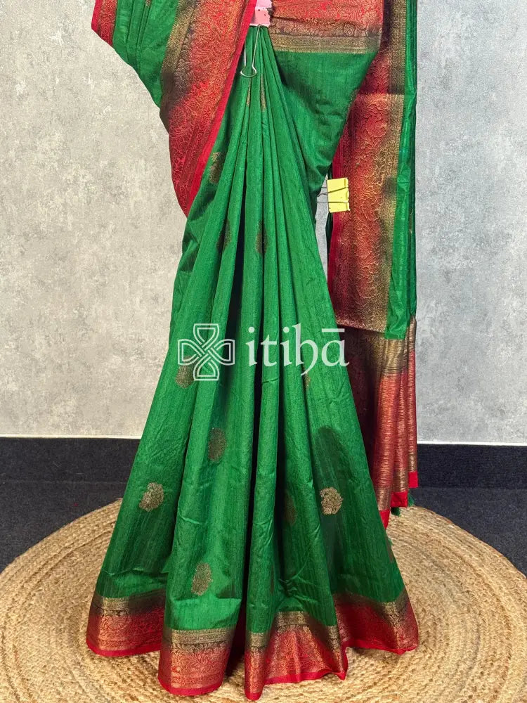 SEMI TUSSAR WEAVING CONTRA BANARASI SAREE - Green