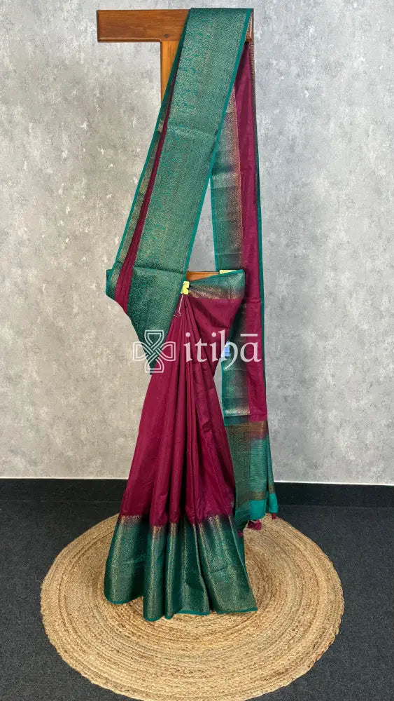 SEMI TUSSAR WEAVING CONTRA BANARASI SAREE - WINE RED