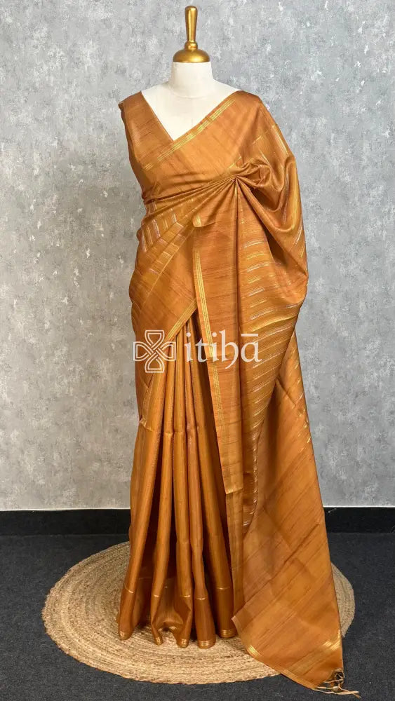 SEMI TUSSAR ZARI STRIPES BANARASI SAREES - MUSTARD GOLD