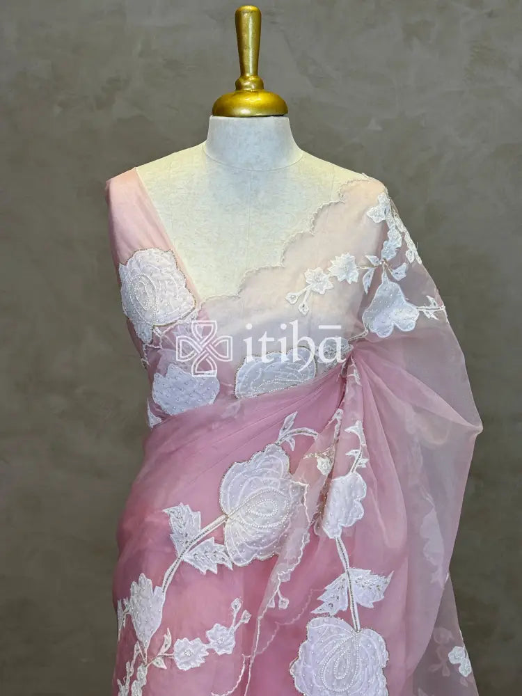 SILK ORGANZA APPLIQUE EMBROIDERY SAREE