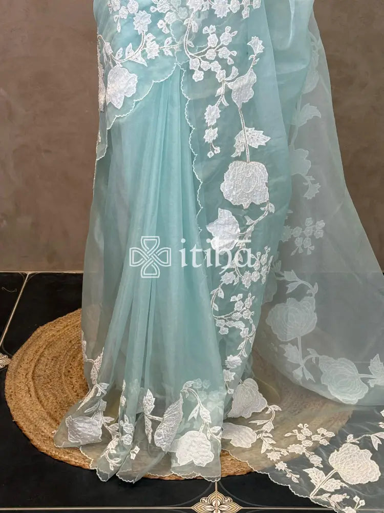 SILK ORGANZA APPLIQUE EMBROIDERY SAREE