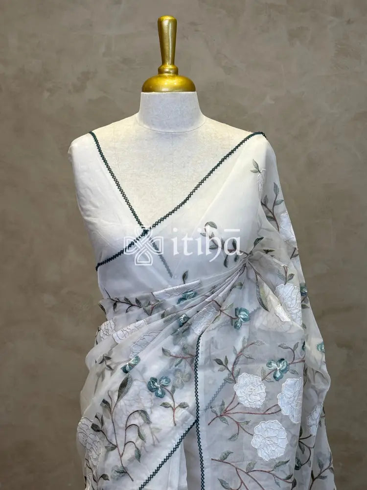 SILK ORGANZA APPLIQUE EMBROIDERY SAREE