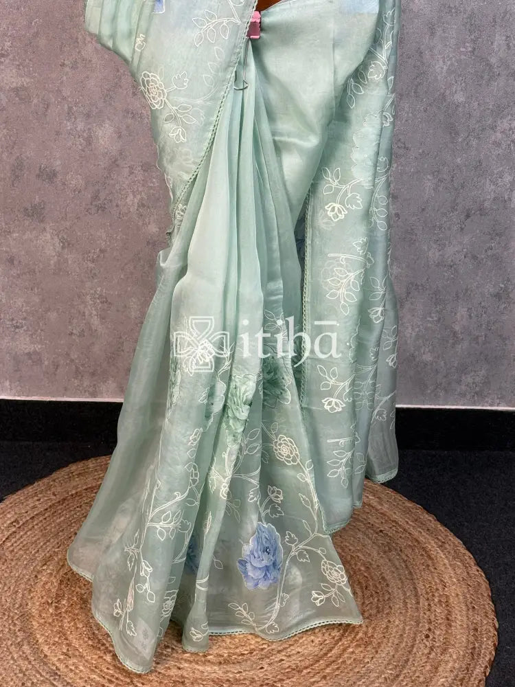 SILK ORGANZA APPLIQUE EMBROIDERY SAREE