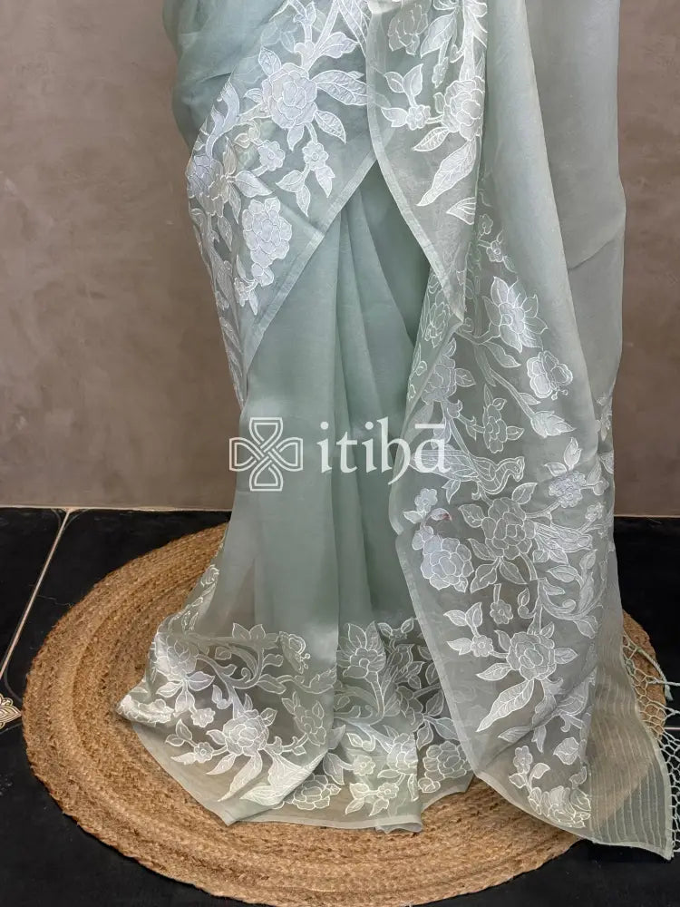 SILK ORGANZA APPLIQUE EMBROIDERY SAREE