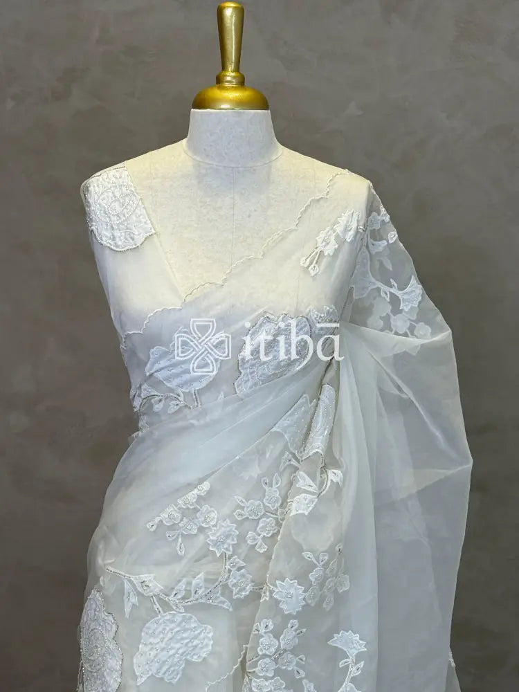SILK ORGANZA APPLIQUE EMBROIDERY SAREE