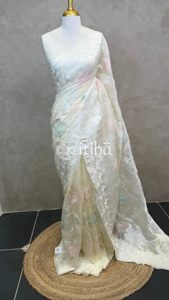 SILK ORGANZA APPLIQUE EMBROIDERY SAREE