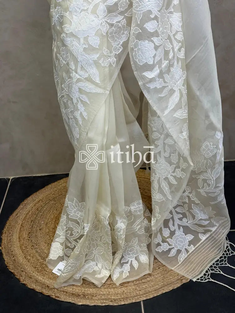 SILK ORGANZA APPLIQUE EMBROIDERY SAREE