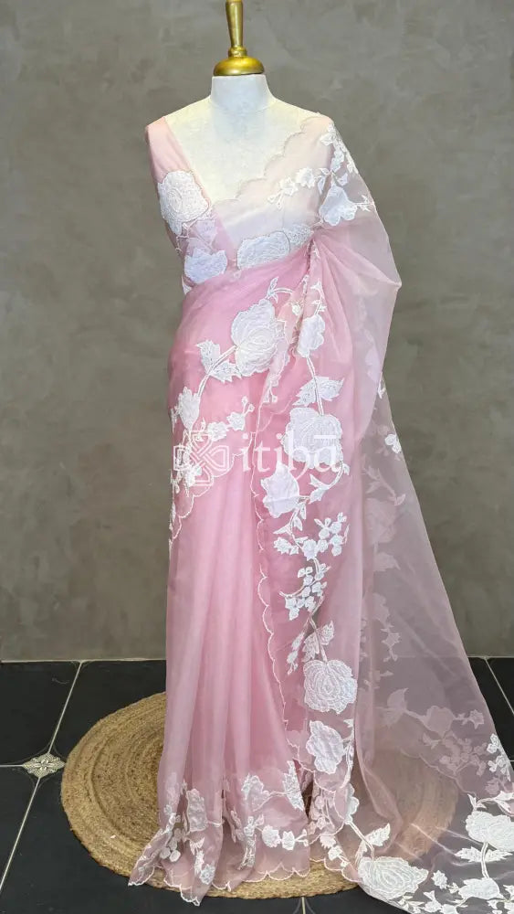 SILK ORGANZA APPLIQUE EMBROIDERY SAREE - LIGHT PINK