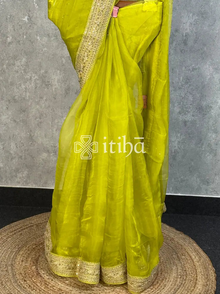 SILK ORGANZA BADLA WORK SAREE - LIME GREEN