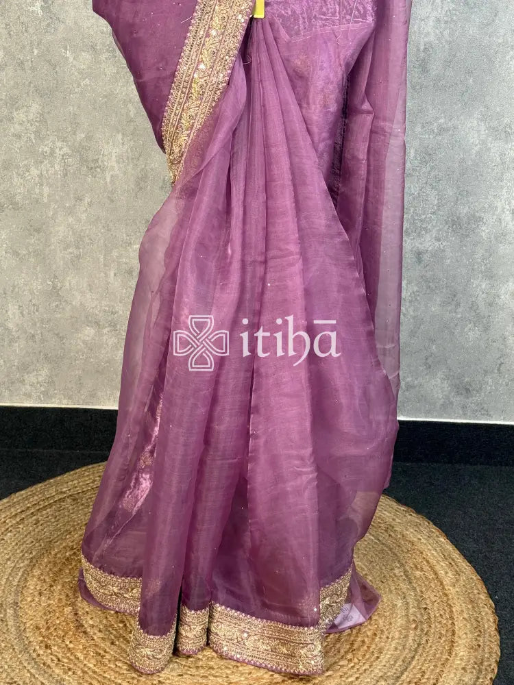 SILK ORGANZA BADLA WORK SAREE - muted plum