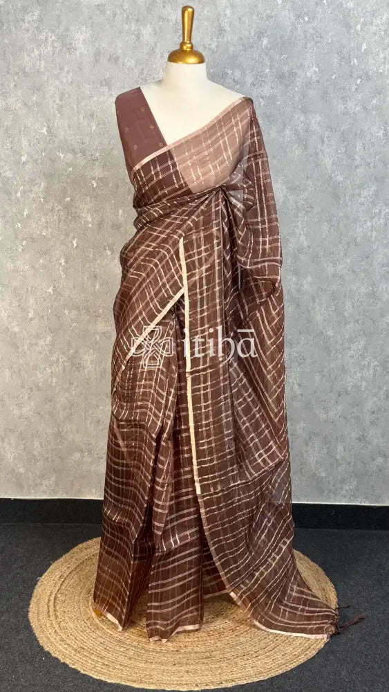 SILK ORGANZA BANARASI SAREE - coffee brown