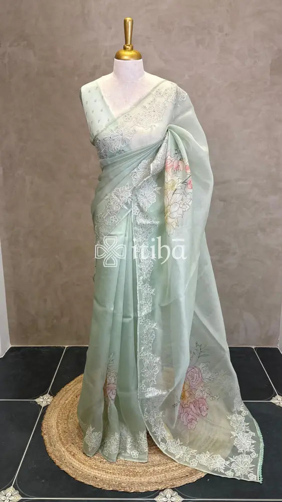 SILK ORGANZA FLORAL PRINTED EMBROIDERY SAREE