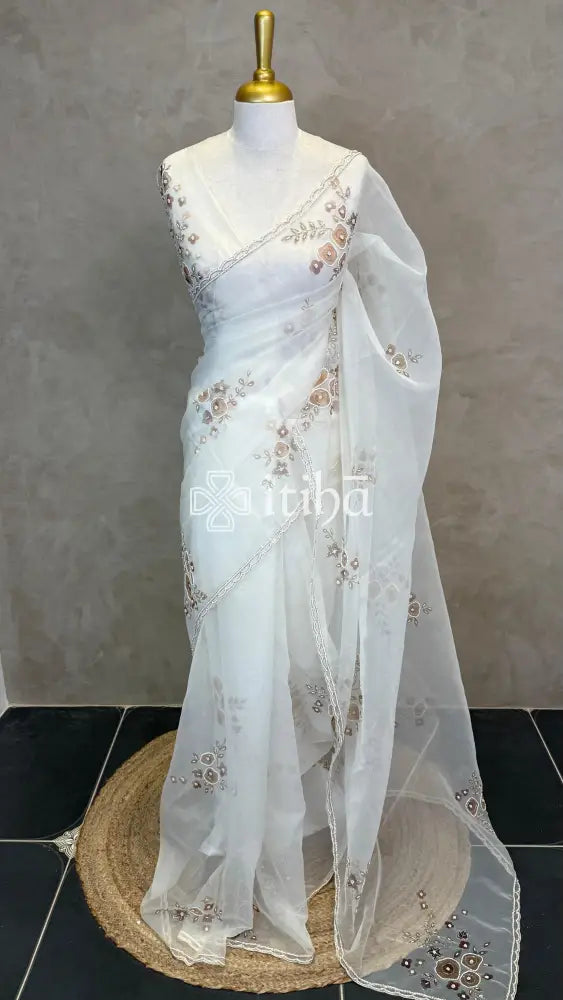 SILK ORGANZA FLORAL PRINTED EMBROIDERY SAREE
