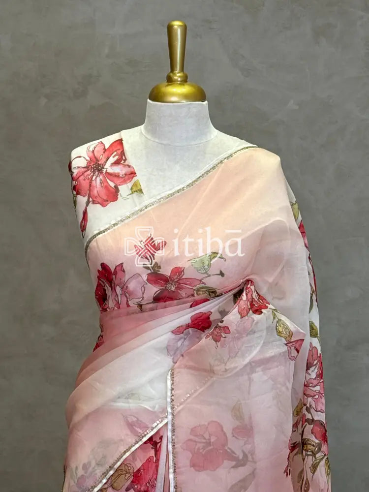 SILK ORGANZA FLORAL PRINTED EMBROIDERY SAREE