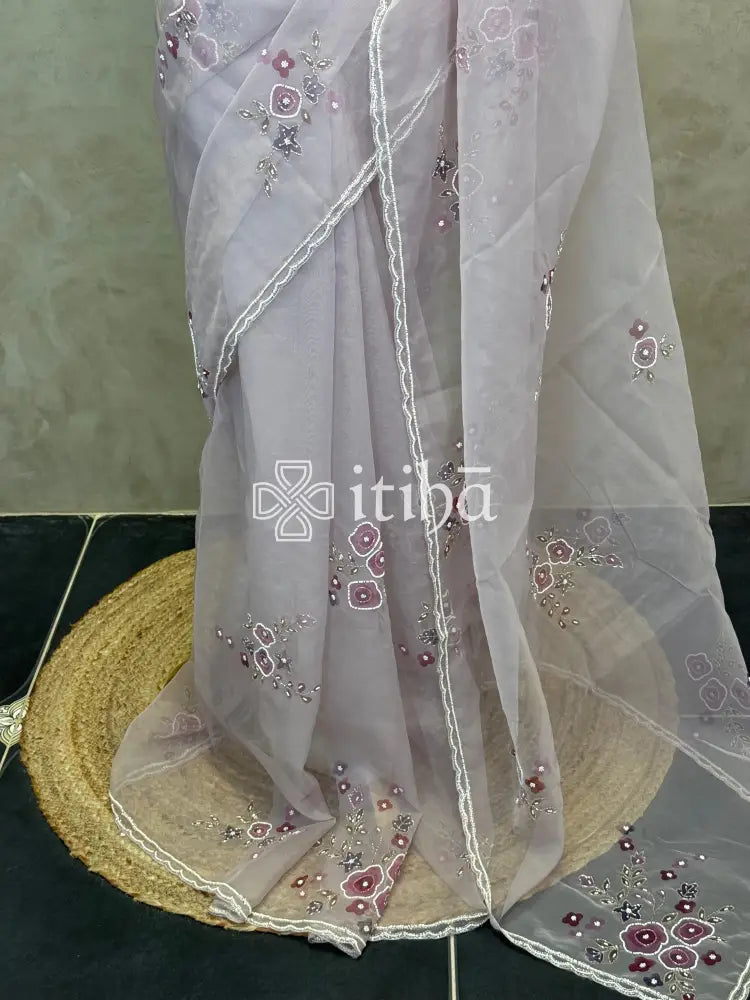SILK ORGANZA FLORAL PRINTED EMBROIDERY SAREE