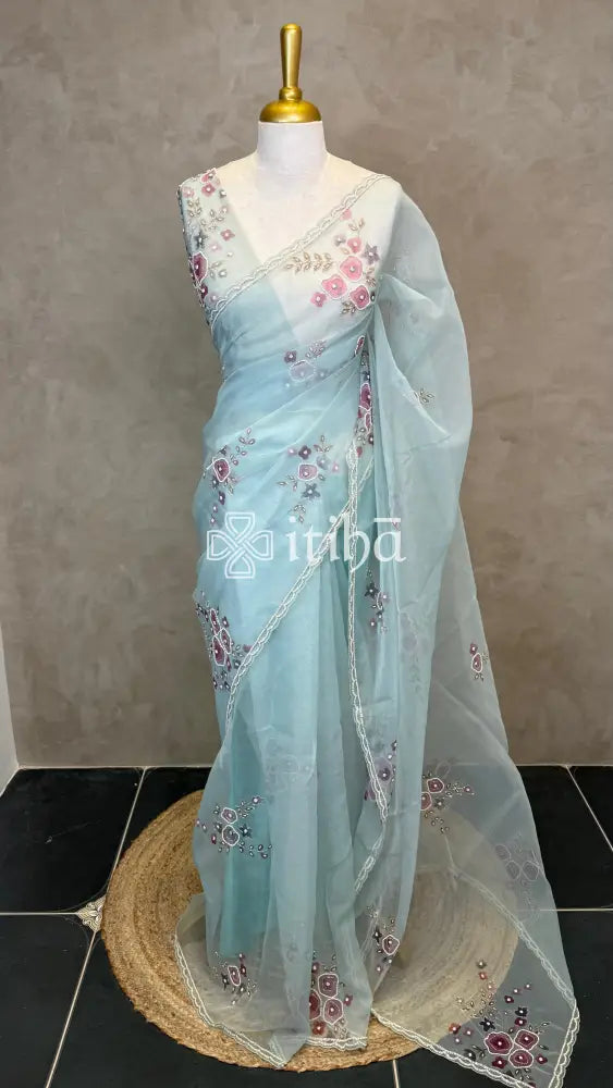 SILK ORGANZA FLORAL PRINTED EMBROIDERY SAREE