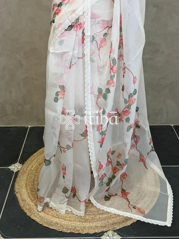 SILK ORGANZA FLORAL PRINTED EMBROIDERY SAREE