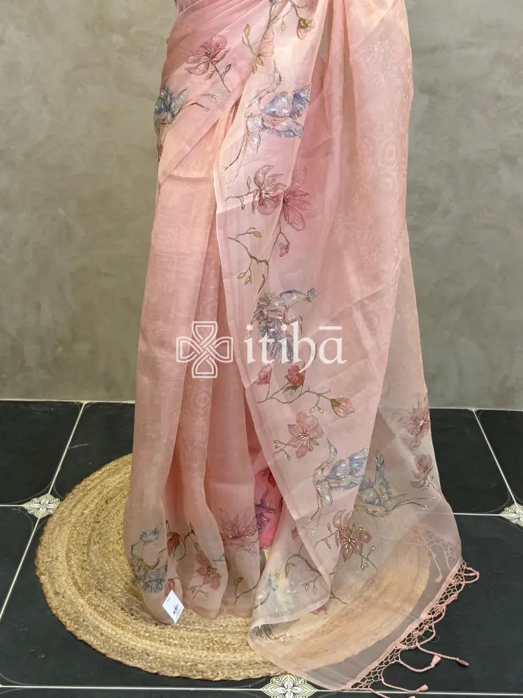 SILK ORGANZA FLORAL PRINTED EMBROIDERY SAREE