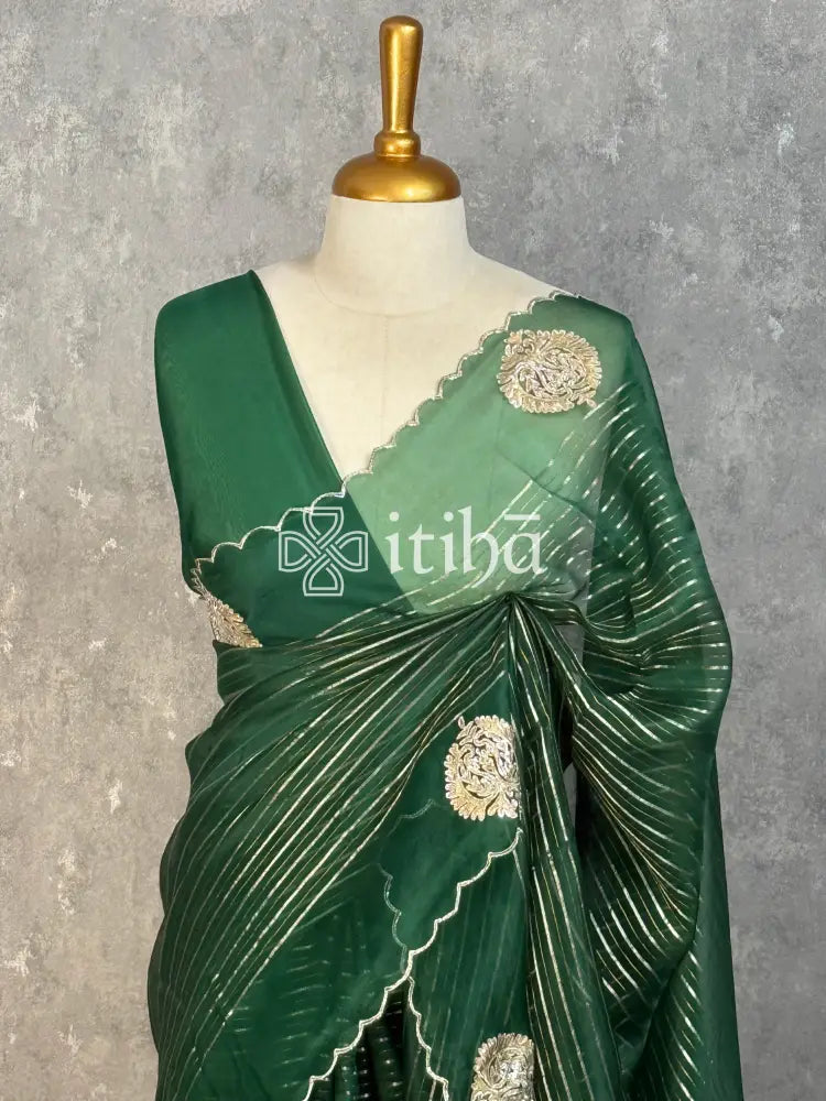 SILK ORGANZA GOTA WORK EMBROIDERY SAREE - Green