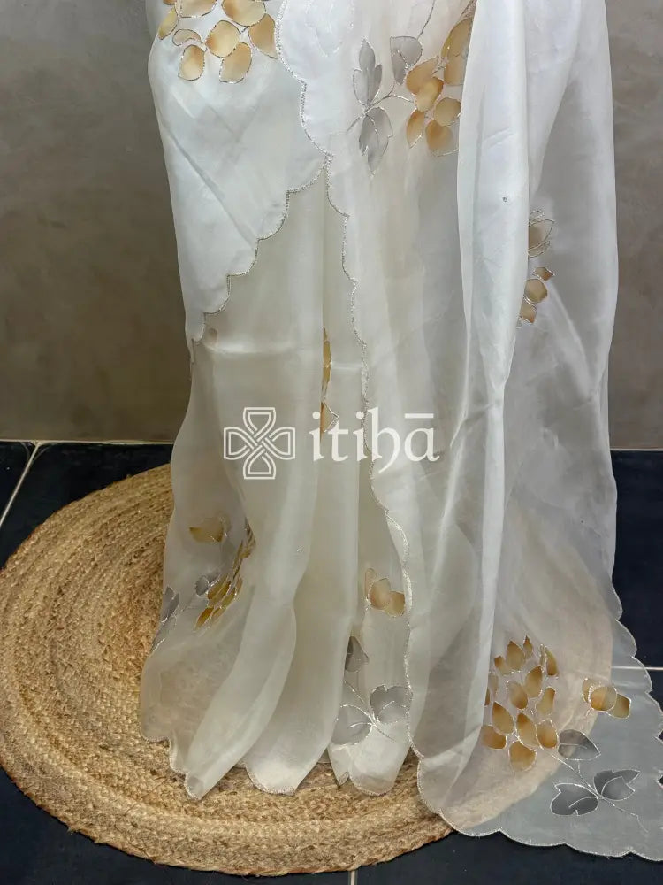 SILK ORGANZA HAND PAINTED EMBROIDERY SAREE