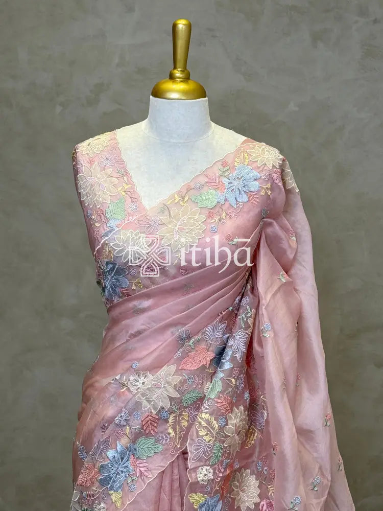 SILK ORGANZA MULTI COLOUR APPLIQUE EMBROIDERY SAREE