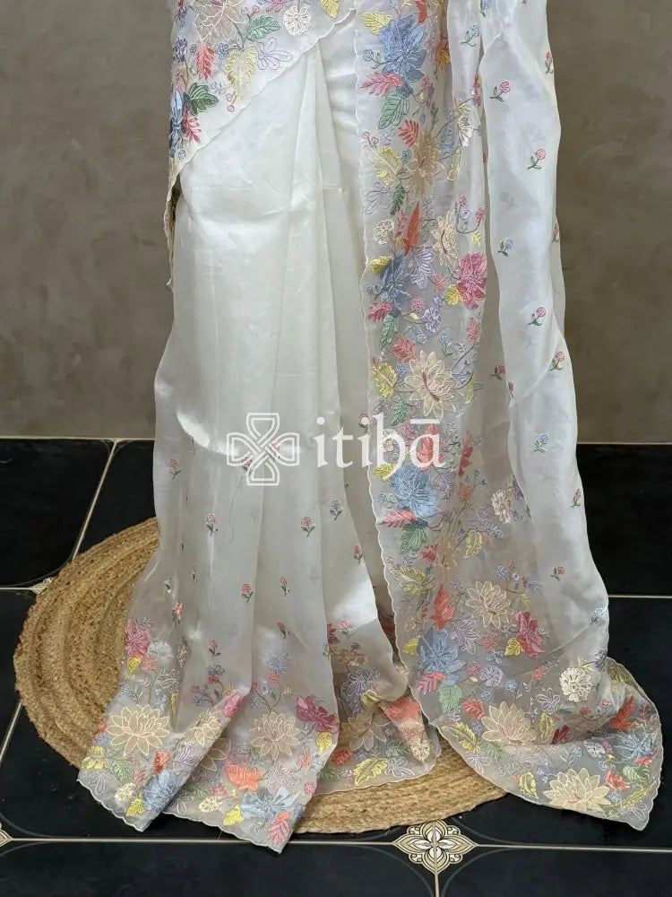 SILK ORGANZA MULTI COLOUR APPLIQUE EMBROIDERY SAREE