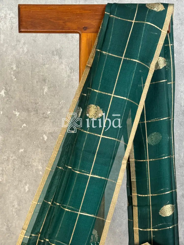 SILK ORGANZA SAREE - FOREST GREEN