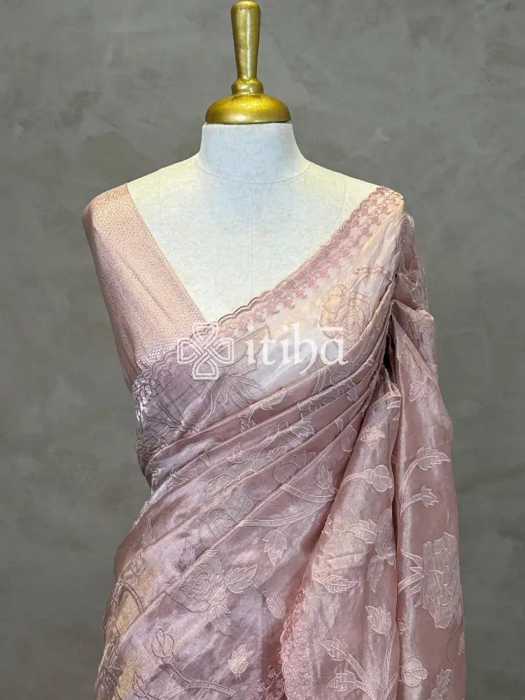 SILK ORGANZA TISSUE APPLIQUE EMBROIDERY SAREE