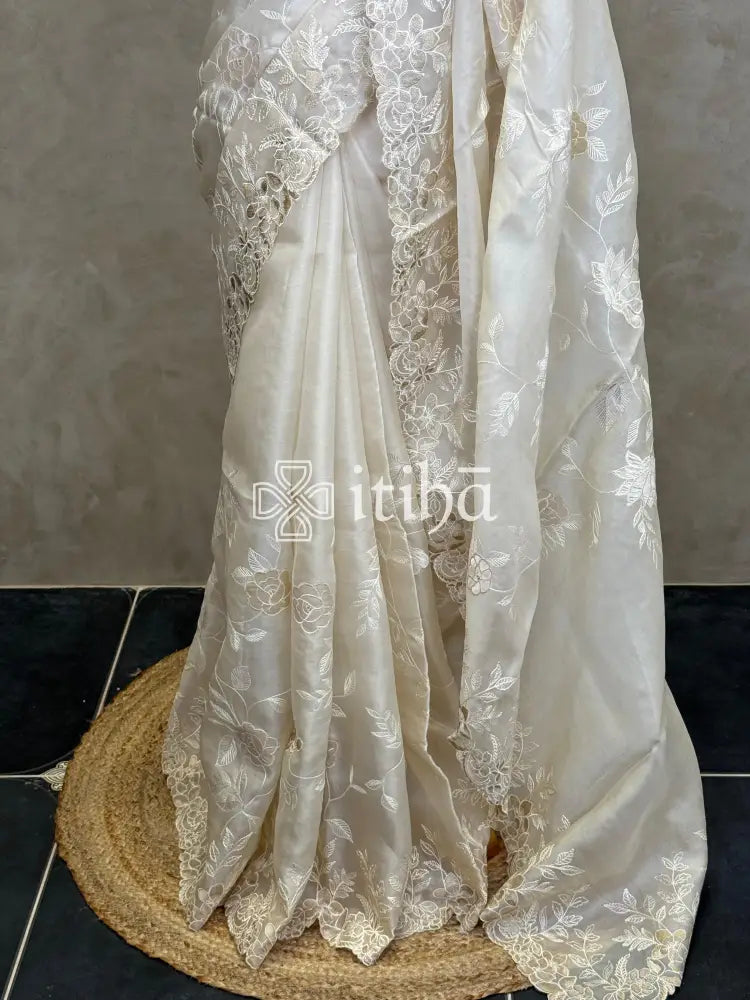 SILK ORGANZA TISSUE APPLIQUE EMBROIDERY SAREE