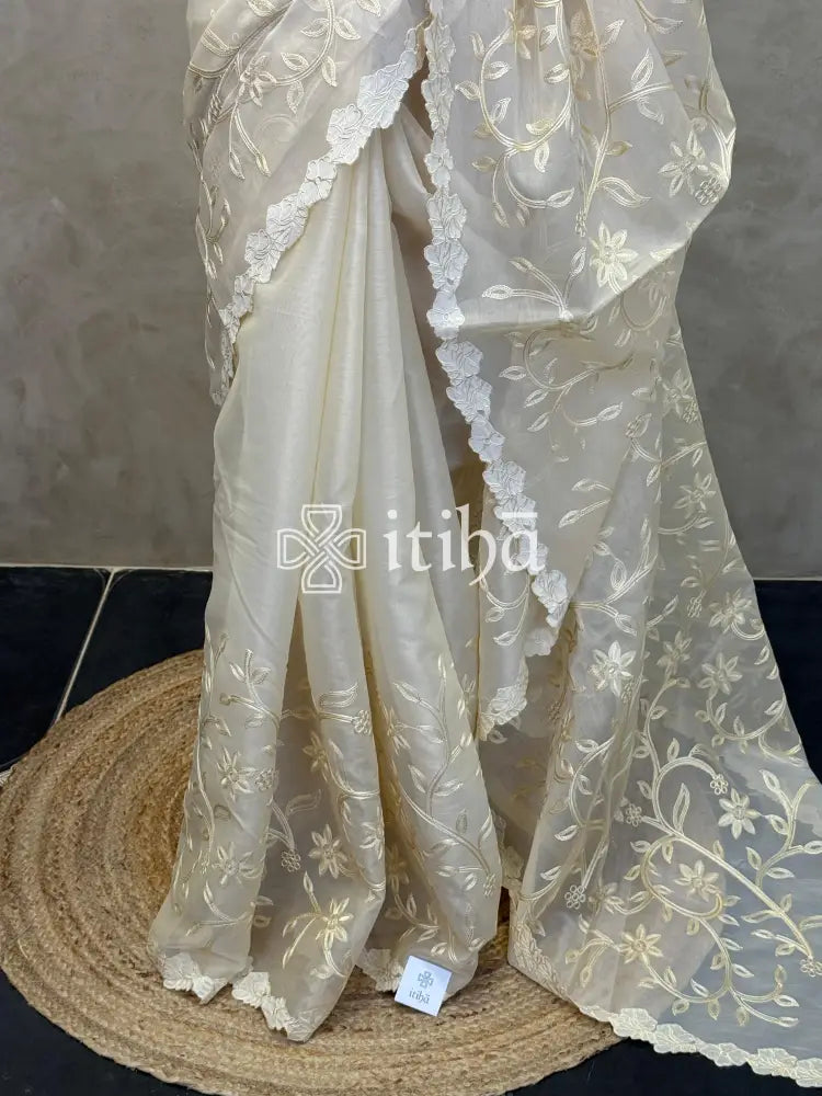 SILK ORGANZA TISSUE APPLIQUE EMBROIDERY SAREE - LIGHT BEIGE