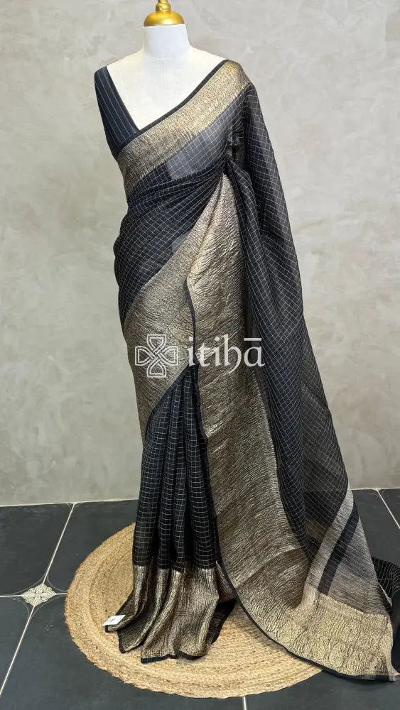 SILK ORGANZA ZARI CRUSH BANARASI SAREE - Black